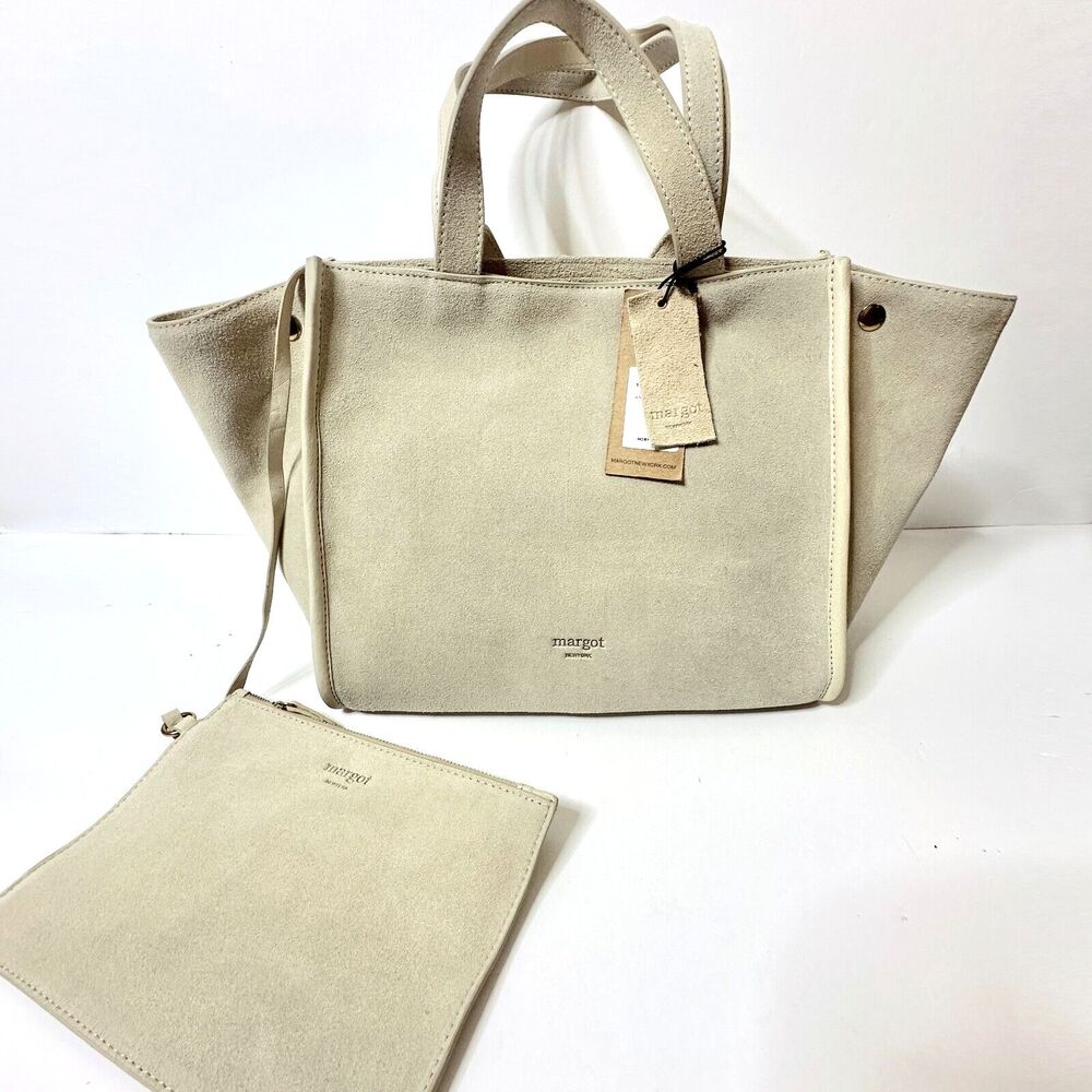 MARGOT NEW YORK Jamee Double Handle Tote w Pouch Ivory Suede Soft NWT
